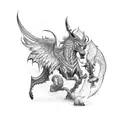 A mythical creature inspired by video game monsters, holding a medieval weapon tattoo design idea