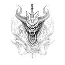 A mythical creature inspired by video game monsters, holding a medieval weapon tattoo design idea