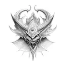 A mythical creature inspired by video game monsters, holding a medieval weapon tattoo design idea