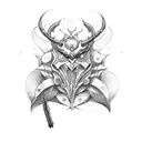 A mythical creature inspired by video game monsters, holding a medieval weapon tattoo design idea