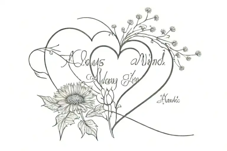 open heart leading to cursive phrase " Always on my Mind, Forever in my Heart" as stem to dandelion with two small tattoo design idea