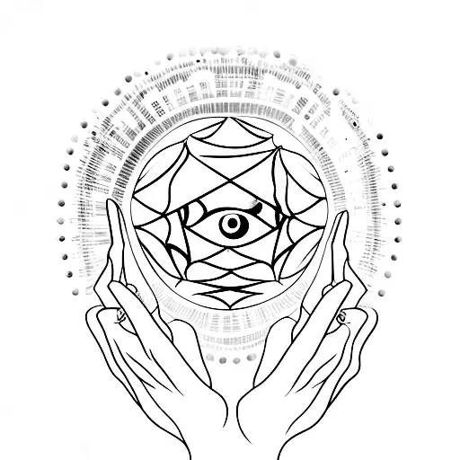 Hand with six fingers holding an eye like a crystal ball tattoo design idea