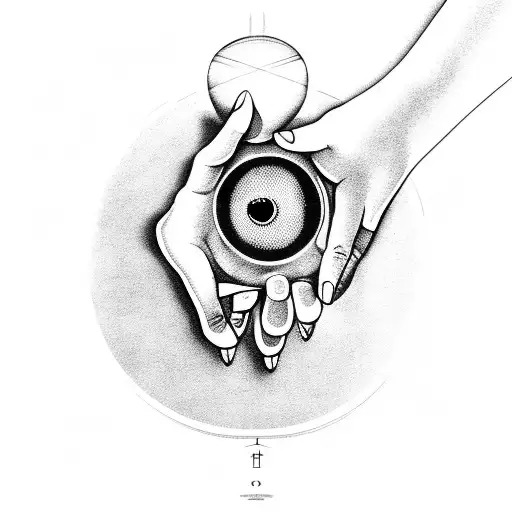 Hand with six fingers holding an eye like a crystal ball tattoo design idea