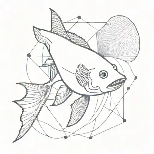 A fighting fish has a shark as shadow below it. It is surrounded by geometrical lines.  tattoo design idea