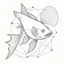 A fighting fish has a shark as shadow below it. It is surrounded by geometrical lines.  tattoo design idea