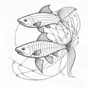 A fighting fish has a shark as shadow below it. It is surrounded by geometrical lines.  tattoo design idea