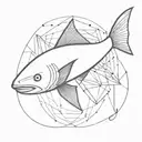 A fighting fish has a shark as shadow below it. It is surrounded by geometrical lines.  tattoo design idea