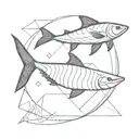 A fighting fish has a shark as shadow below it. It is surrounded by geometrical lines.  tattoo design idea