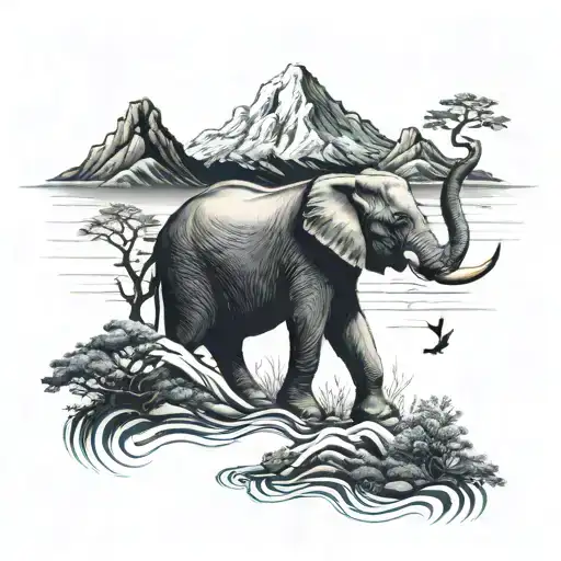 Eunoia, mountain landscape, elephant, good and dark sides, Ikigai tattoo design idea