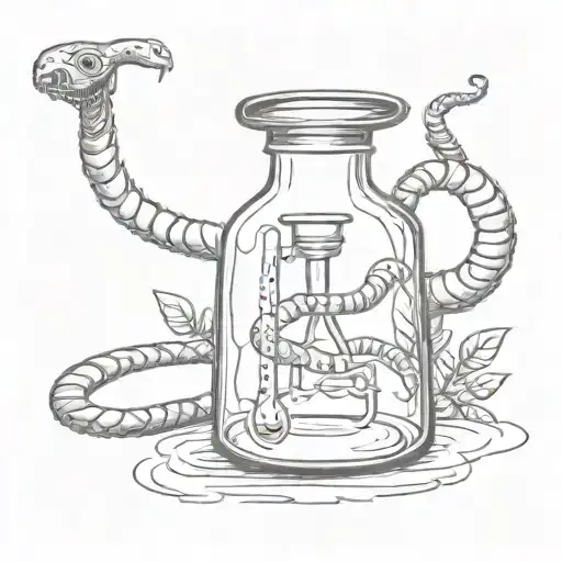 A sketch style tattoo of a laboratory flask with a snake coiled around it, representing the client's passion for science and reptiles tattoo design idea