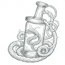 A sketch style tattoo of a laboratory flask with a snake coiled around it, representing the client's passion for science and reptiles tattoo design idea