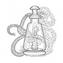 A sketch style tattoo of a laboratory flask with a snake coiled around it, representing the client's passion for science and reptiles tattoo design idea