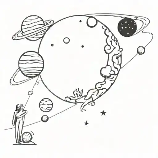 At the bottom is a little planet earth with human looking at other planets and black hole eating all planets tattoo design idea