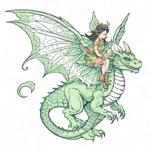 fairy riding dragon flying tattoo design idea