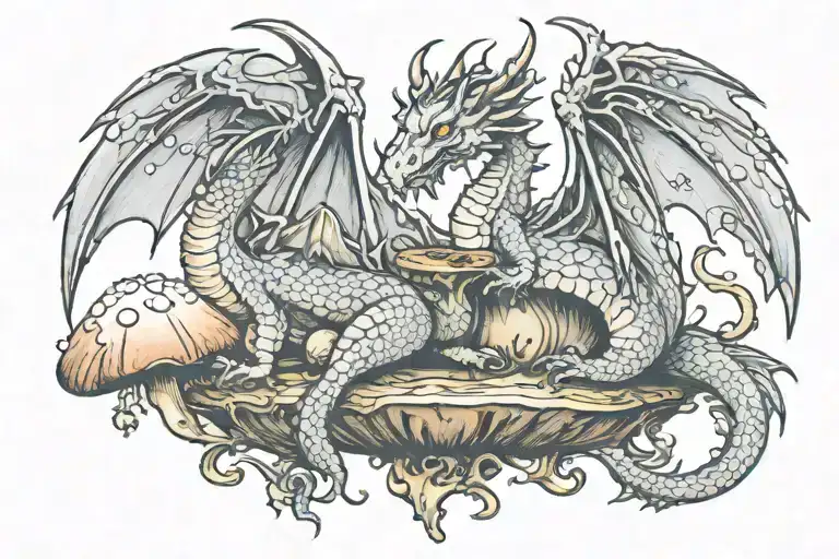 Dragon with small fairy sitting on a mushroom tattoo design idea