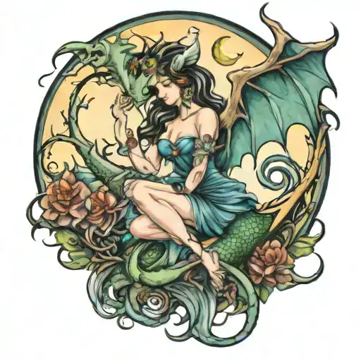 Fairy holding dragon with moon background tattoo design idea