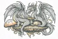 Dragon with small fairy sitting on a mushroom tattoo design idea