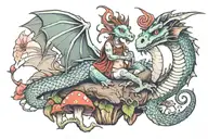 Dragon with small fairy sitting on a mushroom tattoo design idea