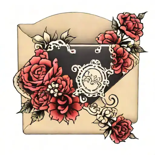 envelope with garnet and carnations tattoo design idea