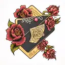 envelope with garnet and carnations tattoo design idea