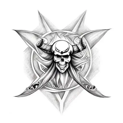 The tattoo is a skull of Baphomet, the satanic god. The skull is very detailed and has many satanic symbols, such as pen tattoo design idea