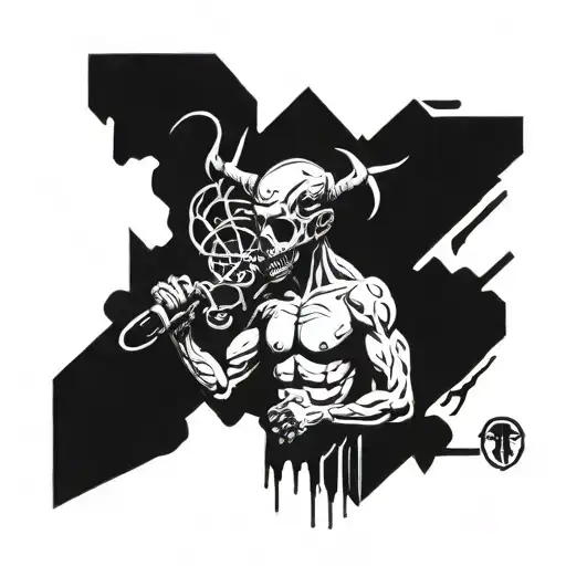 mysterious figure embodying psychotic tendencies, with symbols representing philosophy, combat sports and murder tattoo design idea