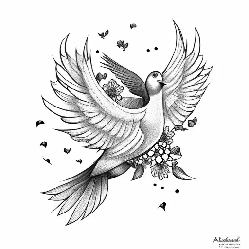 bird spreading its wings with flowers around it  tattoo design idea