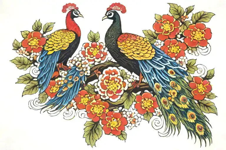 Red flowers and Peacock  tattoo design idea