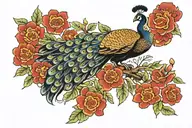 Red flowers and Peacock  tattoo design idea
