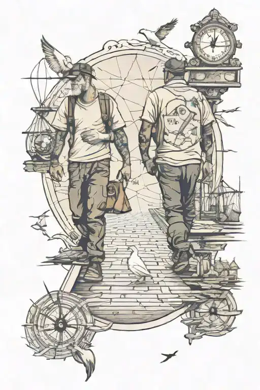 a father and son walking in a bridge with elements like a map, a white pigeon, a compass tattoo design idea