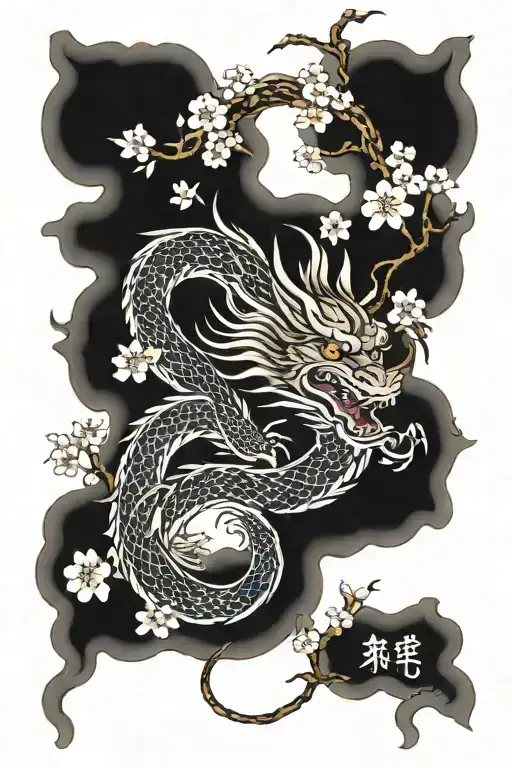 japanese style dragon surrounded by cherry blossoms tattoo design idea