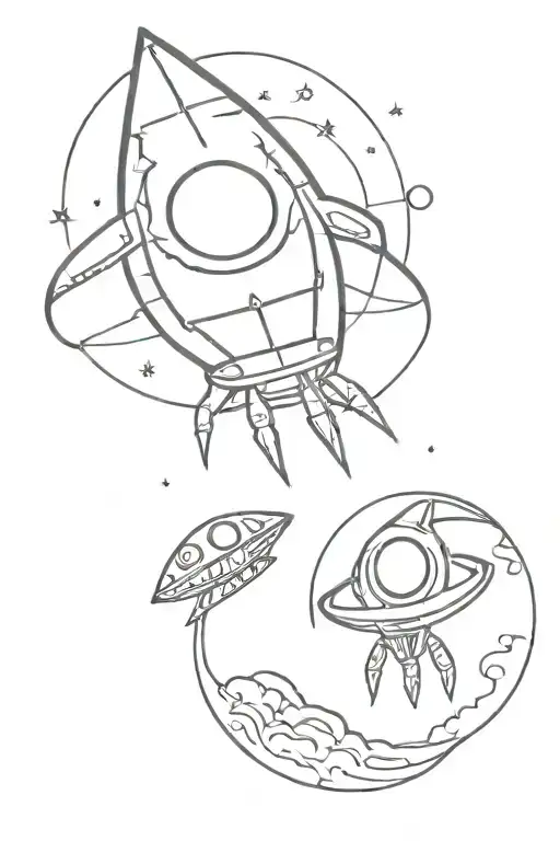spaceship and alien tattoo design idea