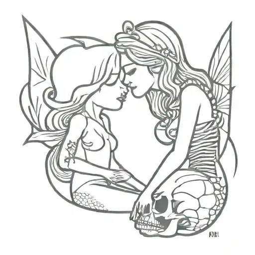 mermaid and skeleton pirate kissing tattoo design idea