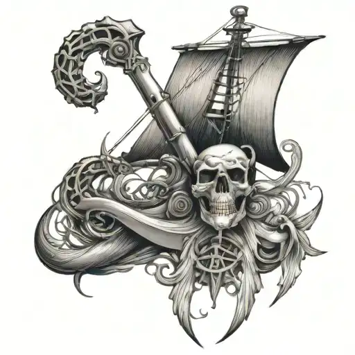 A mystical anchor with mermaid and skeleton pirate symbols incorporated tattoo design idea