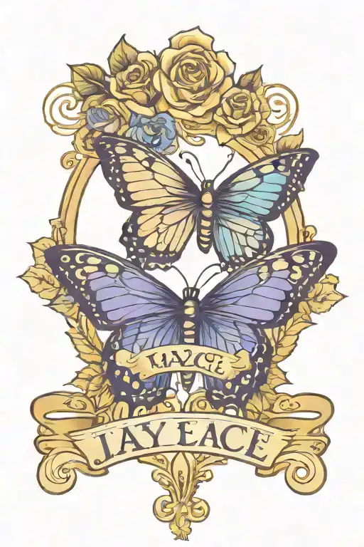 the name Jayce with the date May 27, 2024 with gold roses and blue and purple ombré colored butterfly wings tattoo design idea