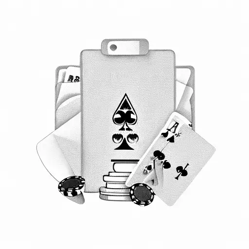 A new-school design of a poker table with objects related to the client's favorite things as the table's surface tattoo design idea