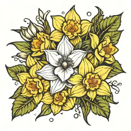 holly and narcissus and daffodil flower bouquet tattoo design idea