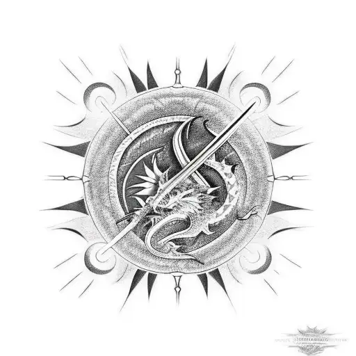 A samurai sword piercing through a dragon, with the sun shining in the background tattoo design idea