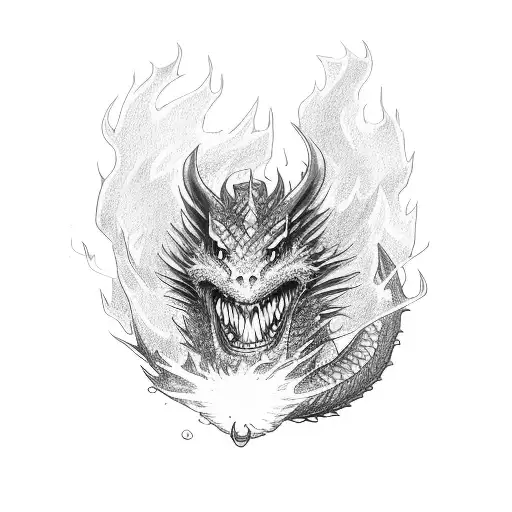 A dragon breathing fire while a samurai sword cuts through the flames tattoo design idea