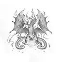 A dragon breathing fire while a samurai sword cuts through the flames tattoo design idea