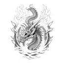 A dragon breathing fire while a samurai sword cuts through the flames tattoo design idea