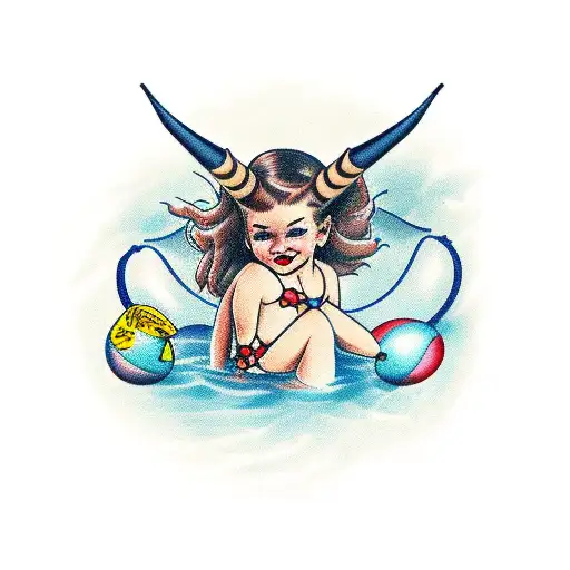 girl with devil horns wearing bathing suit on a pool floatie in water tattoo design idea