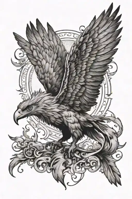 A griffin with the body and flames of a phoenix, with outstretched wings and detailed feathers. the head will be a desert cow skull tattoo design idea