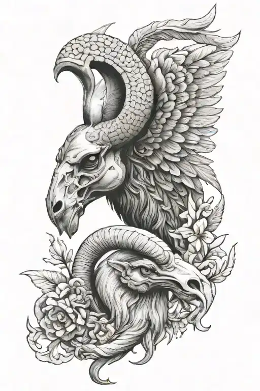 a mixture of griffin with fenix with traits of the ram such as horns with desert cow skull as head tattoo design idea