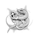 Podría ser un tatuaje con una serpiente y una paloma entrelazadas en un diseño armonioso, representando la dualidad de l tattoo design idea