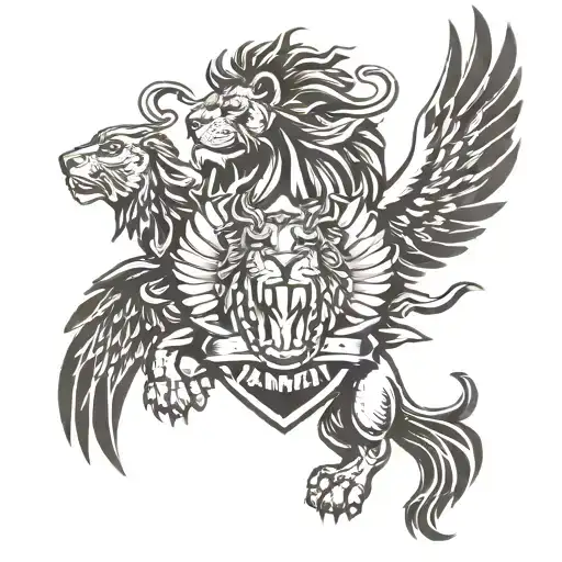 family crest lion and wings rude boy figure tattoo design idea