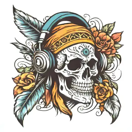 indian skull wearing headphones tattoo design idea