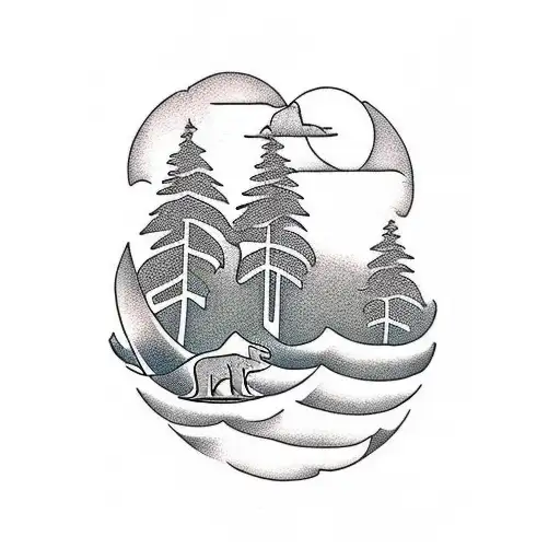 a silhouette walking towards a view of the ocean from the forest with bears and turtle in the ocean tattoo design idea