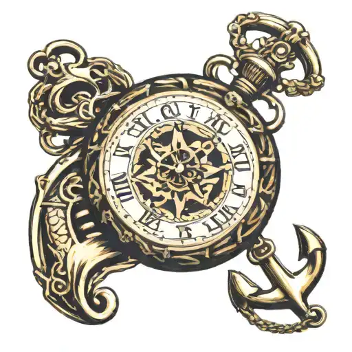 pocket watch with long chain and anchor tattoo design idea
