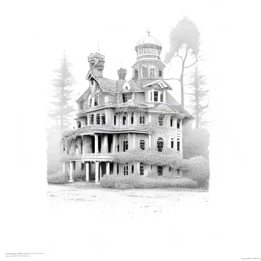 abandoned ivy house, 2 kids outside tattoo design idea